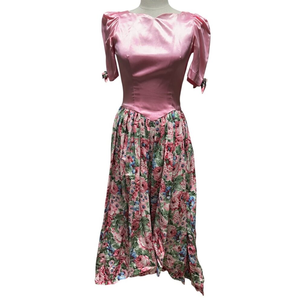 Vintage Debbie Robitaille Pink Satin‎ Bodice Floral Skirt Hi Low Floor Length - Picture 3 of 6